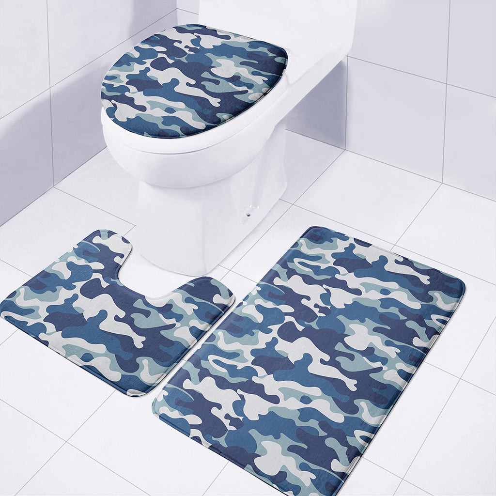 Blue And White Camouflage Print 3 Piece Bath Mat Set