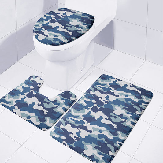Blue And White Camouflage Print 3 Piece Bath Mat Set