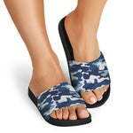 Blue And White Camouflage Print Black Slide Sandals