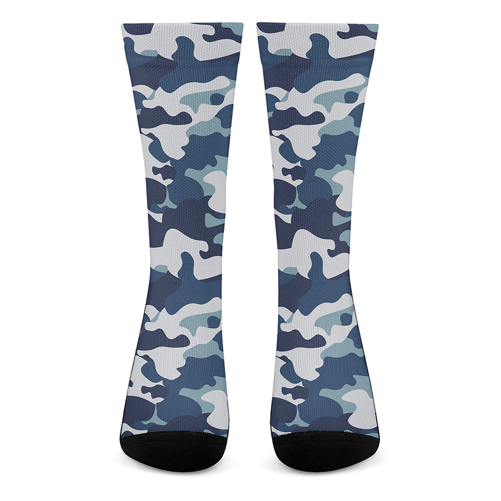Blue And White Camouflage Print Crew Socks