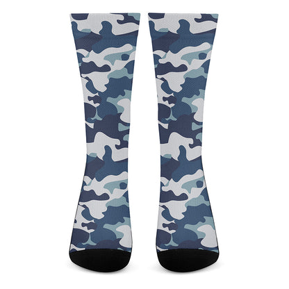 Blue And White Camouflage Print Crew Socks