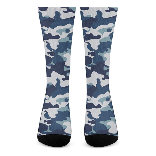 Blue And White Camouflage Print Crew Socks