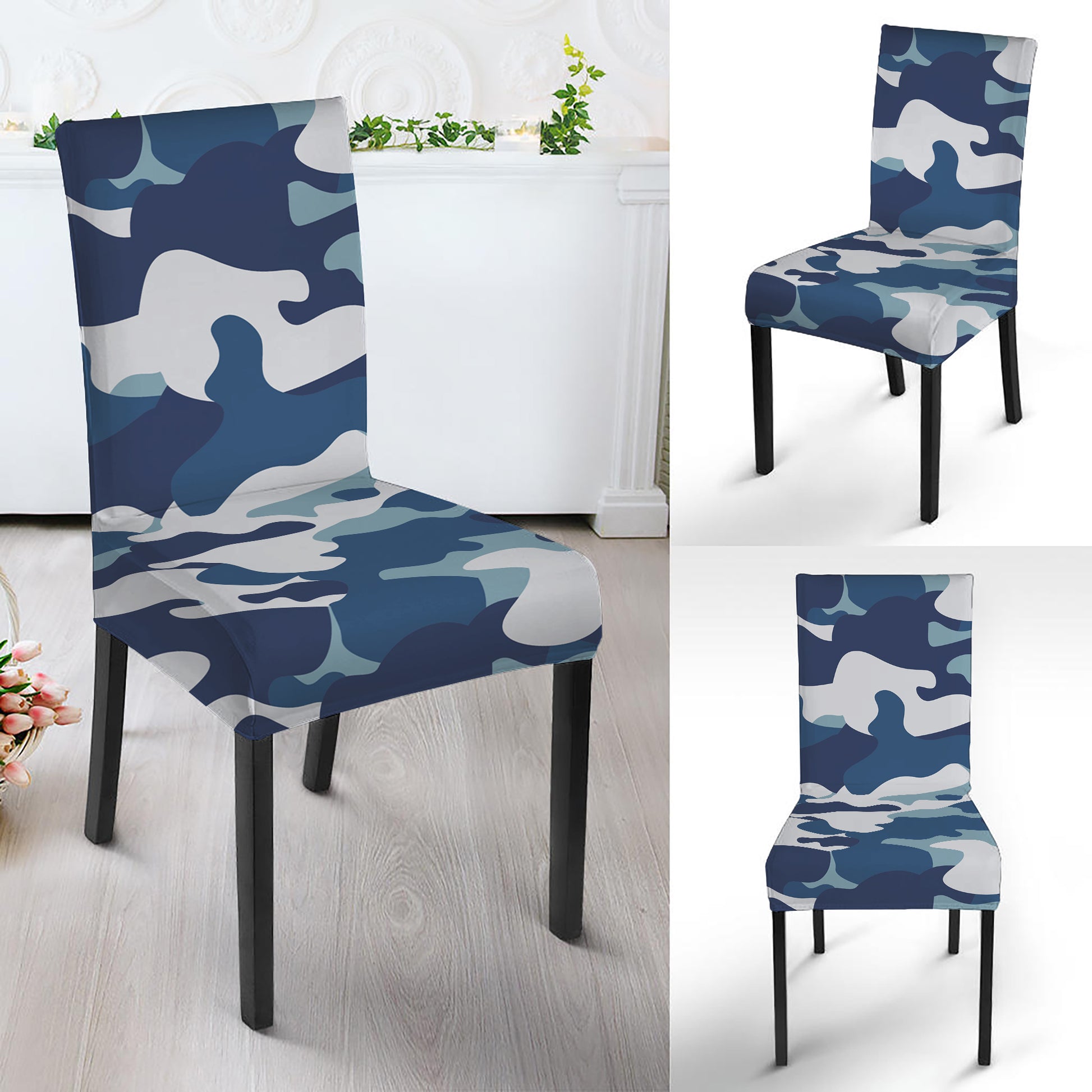 Blue And White Camouflage Print Dining Chair Slipcover
