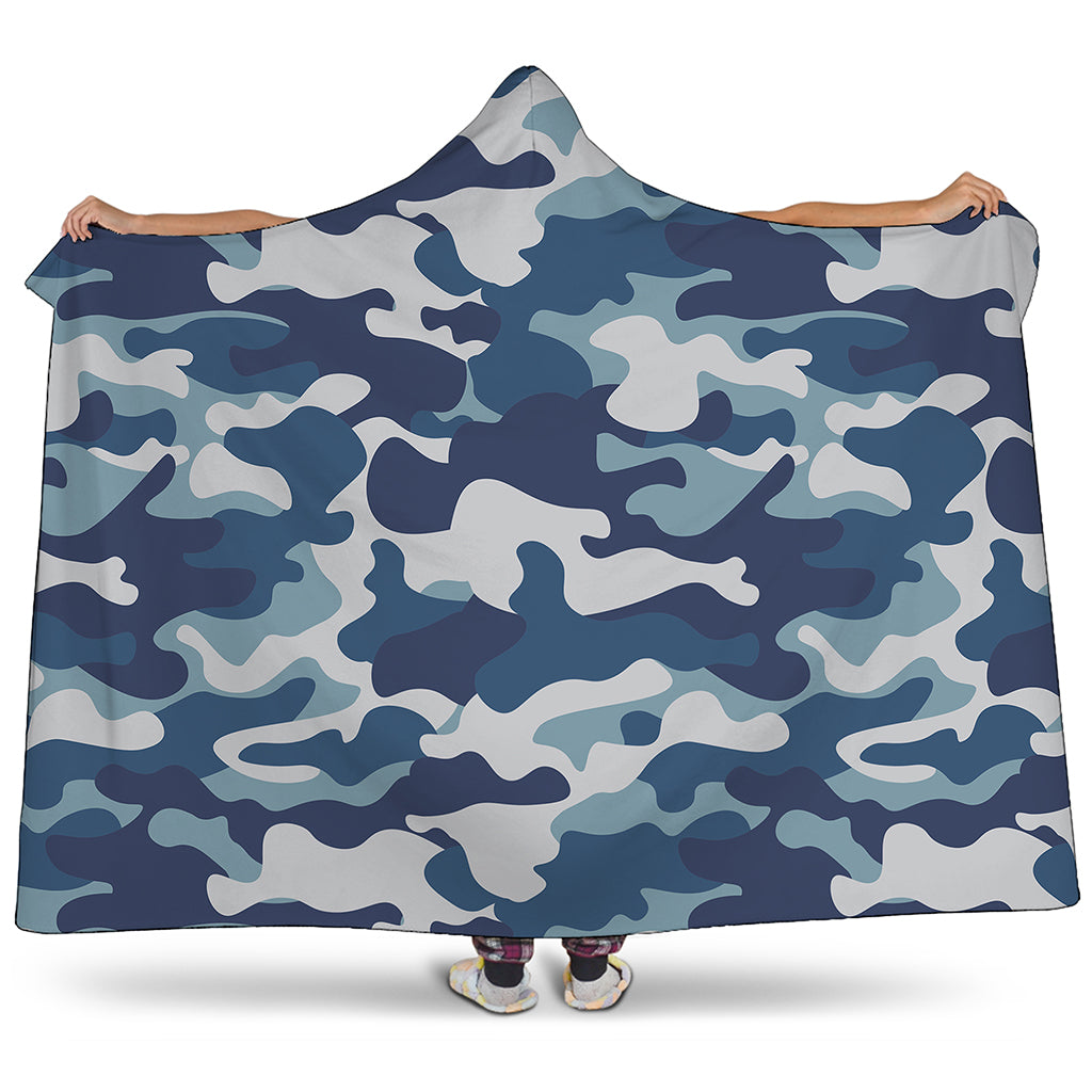 Blue And White Camouflage Print Hooded Blanket