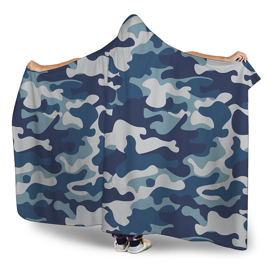 Blue And White Camouflage Print Hooded Blanket