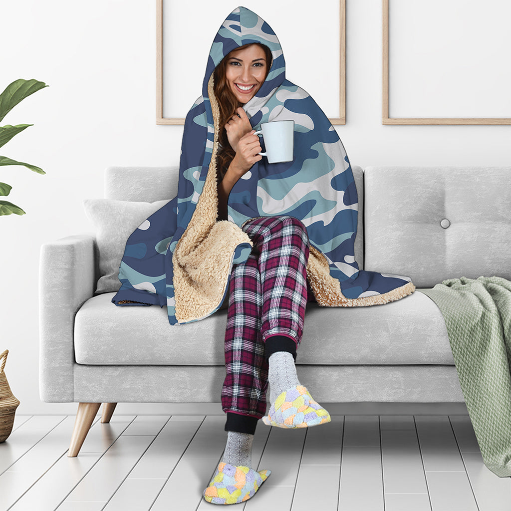 Blue And White Camouflage Print Hooded Blanket
