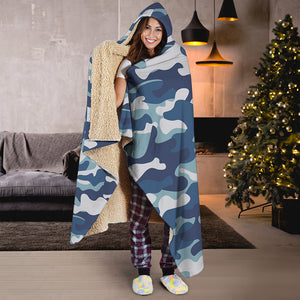 Blue And White Camouflage Print Hooded Blanket