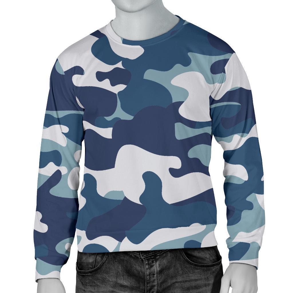 Blue And White Camouflage Print Men's Crewneck Sweatshirt GearFrost