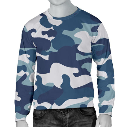 Blue And White Camouflage Print Men's Crewneck Sweatshirt GearFrost
