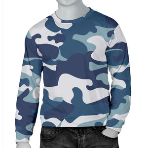 Blue And White Camouflage Print Men's Crewneck Sweatshirt GearFrost