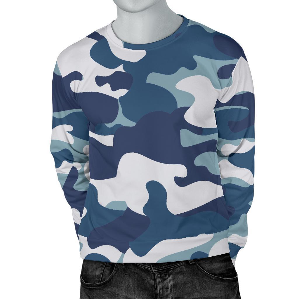Blue And White Camouflage Print Men's Crewneck Sweatshirt GearFrost