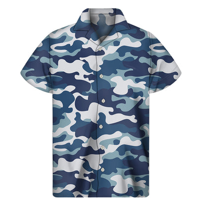 Blue And White Camouflage Print Men's Short Sleeve Shirt