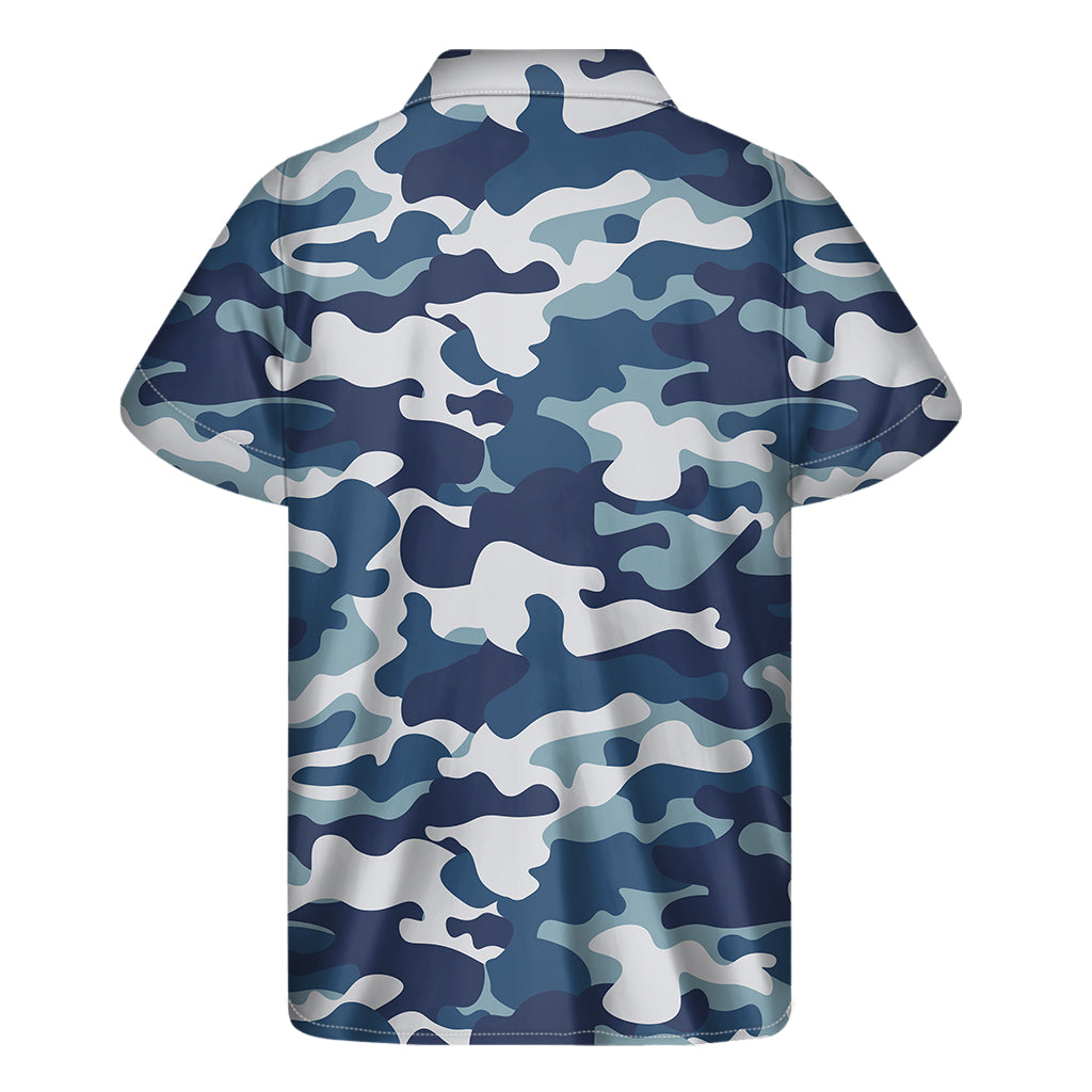 Blue And White Camouflage Print Men's Short Sleeve Shirt