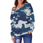 Blue And White Camouflage Print Off Shoulder Sweatshirt GearFrost