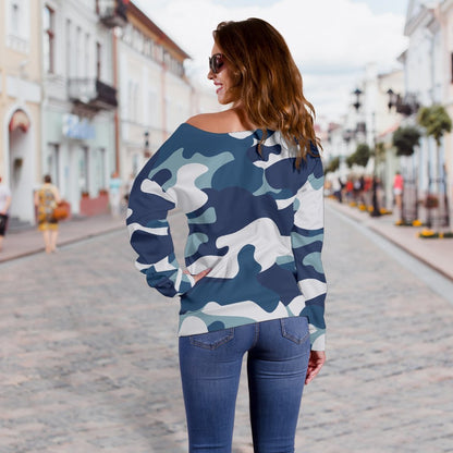 Blue And White Camouflage Print Off Shoulder Sweatshirt GearFrost