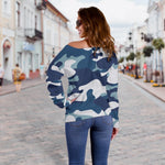 Blue And White Camouflage Print Off Shoulder Sweatshirt GearFrost