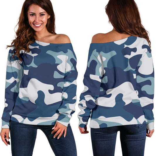 Blue And White Camouflage Print Off Shoulder Sweatshirt GearFrost