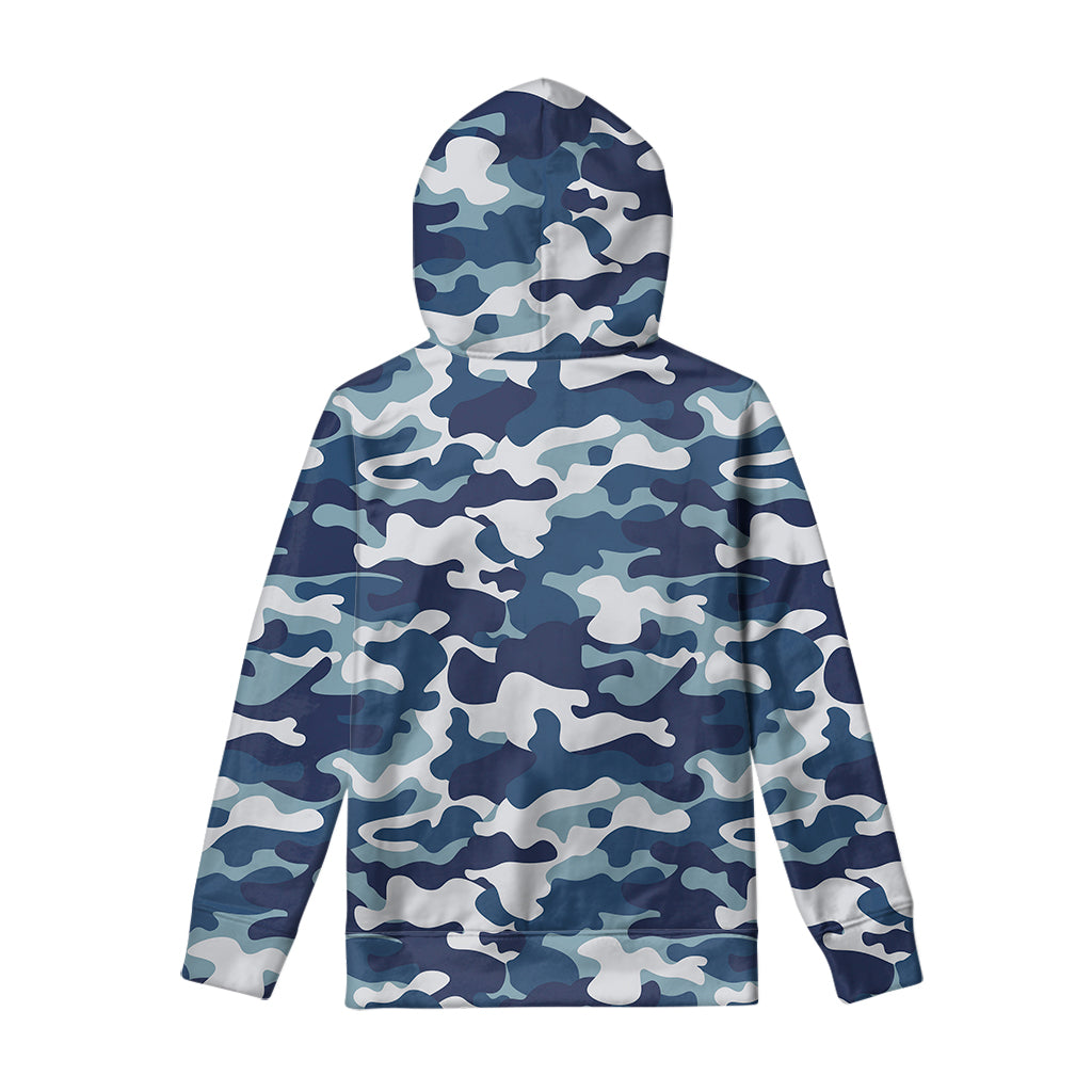 Blue And White Camouflage Print Pullover Hoodie