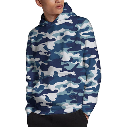 Blue And White Camouflage Print Pullover Hoodie