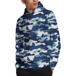 Blue And White Camouflage Print Pullover Hoodie