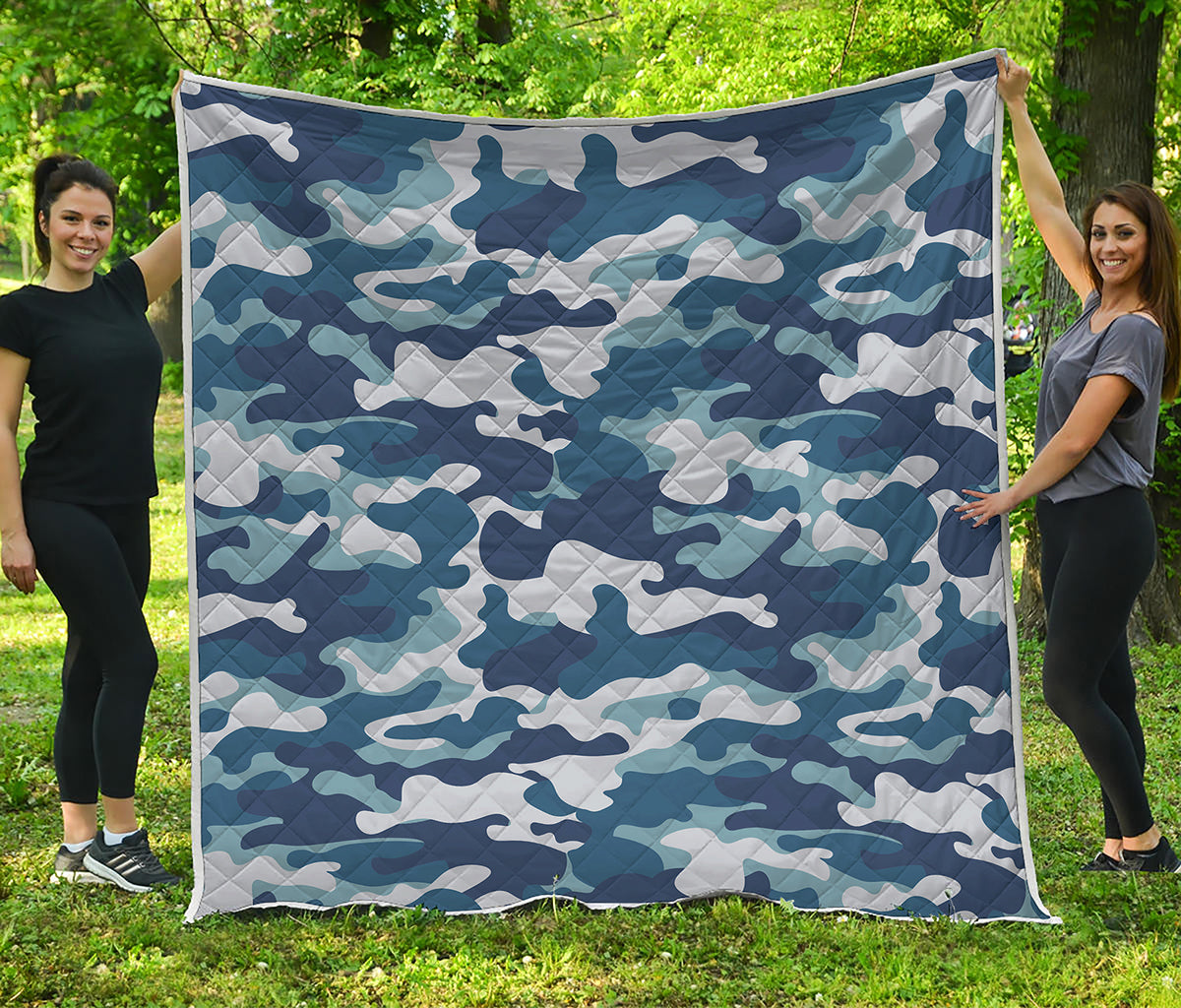 Blue And White Camouflage Print Quilt
