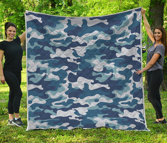 Blue And White Camouflage Print Quilt