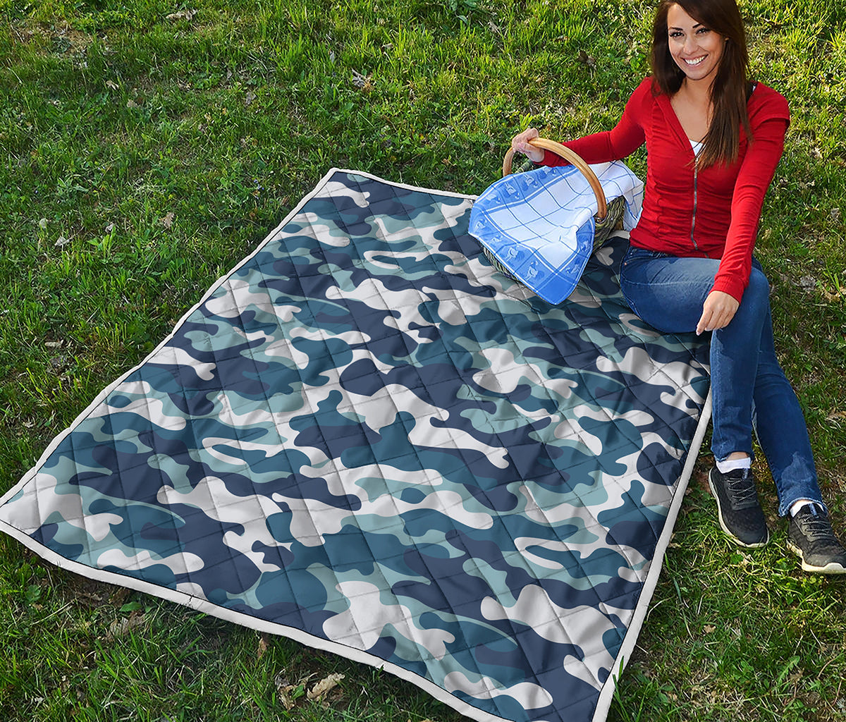 Blue And White Camouflage Print Quilt