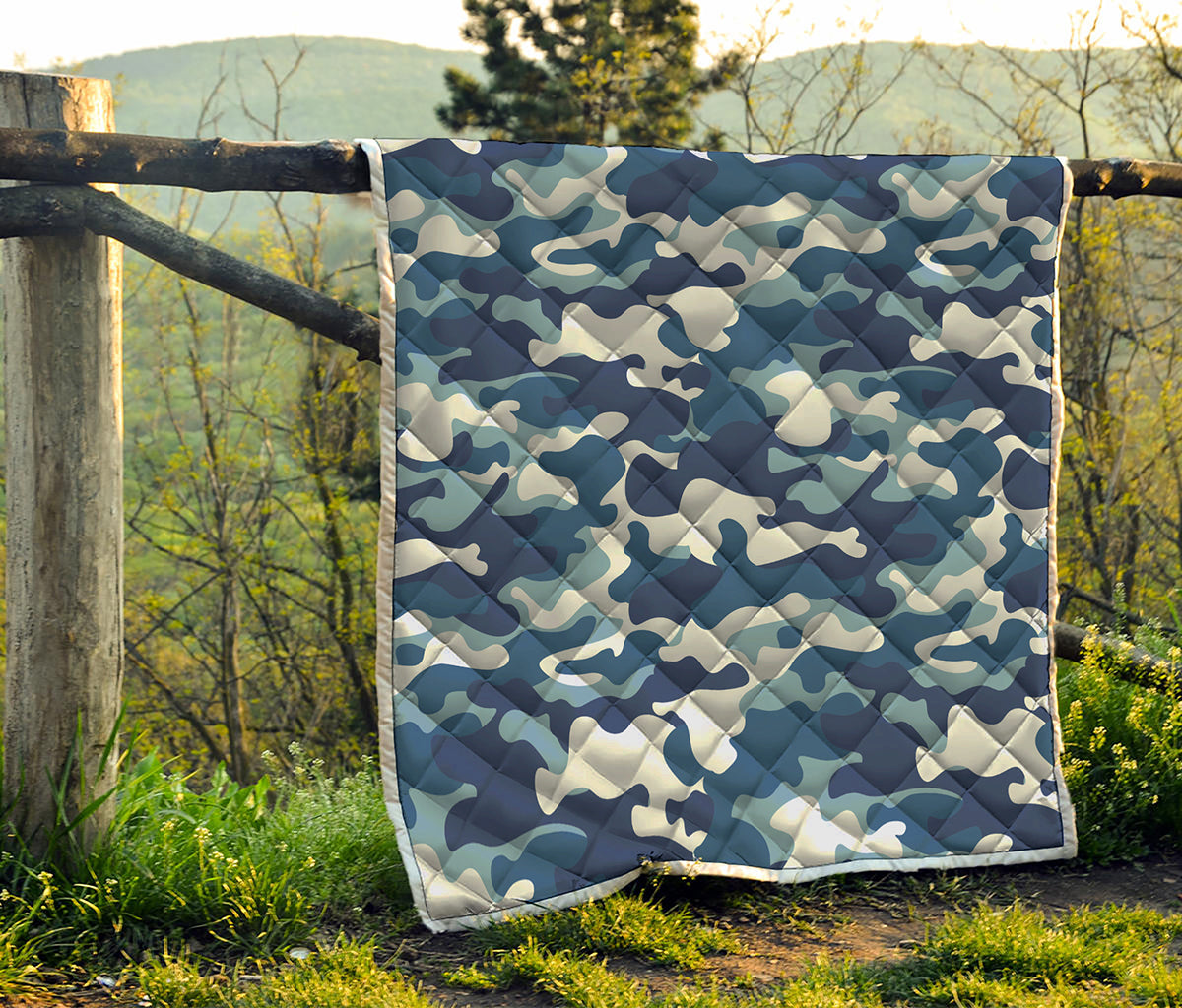 Blue And White Camouflage Print Quilt