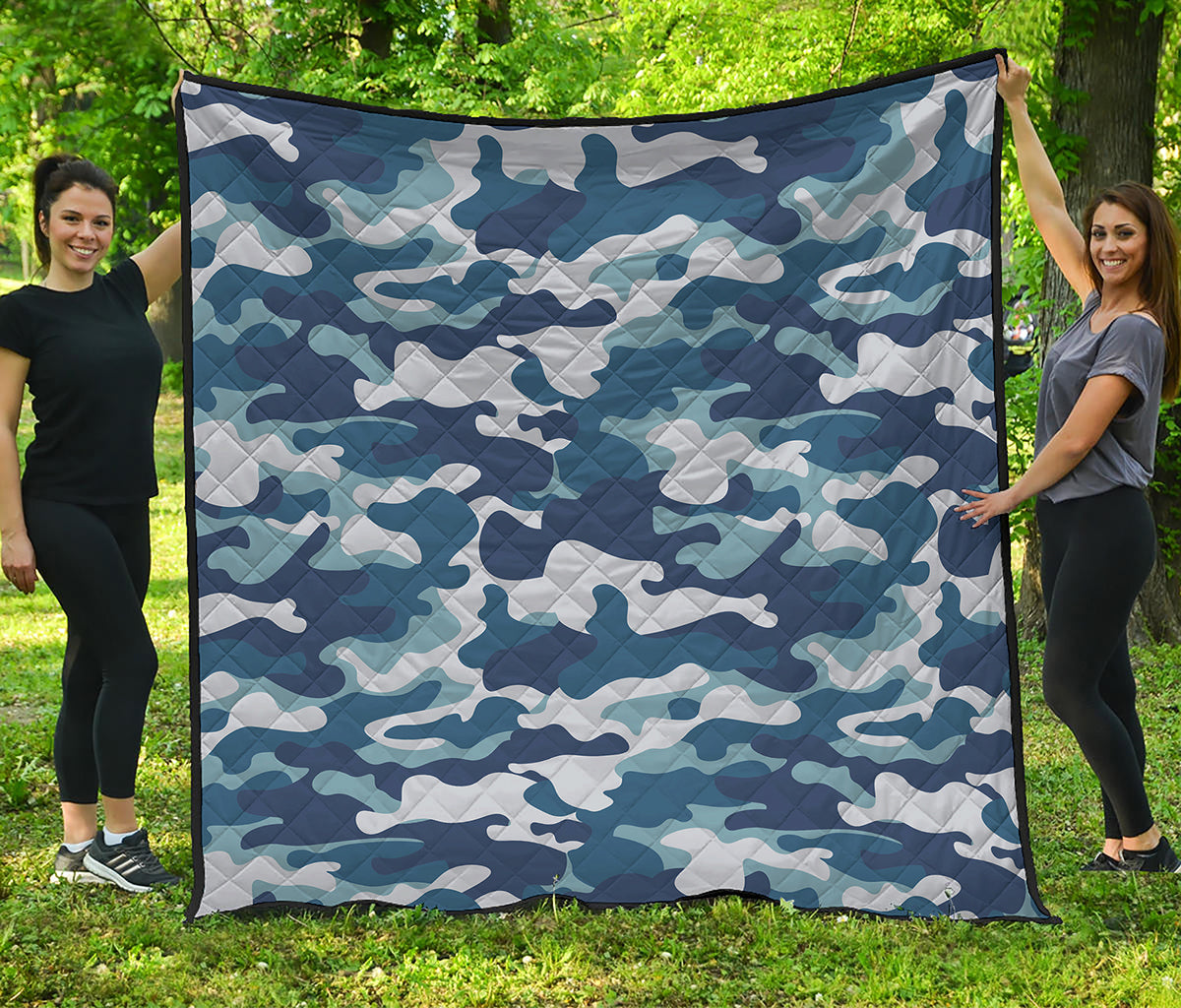 Blue And White Camouflage Print Quilt
