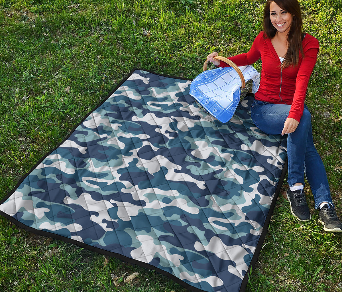 Blue And White Camouflage Print Quilt