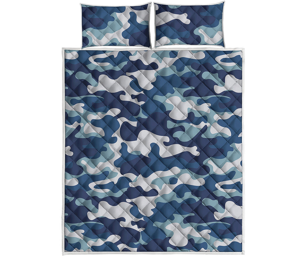 Blue And White Camouflage Print Quilt Bed Set