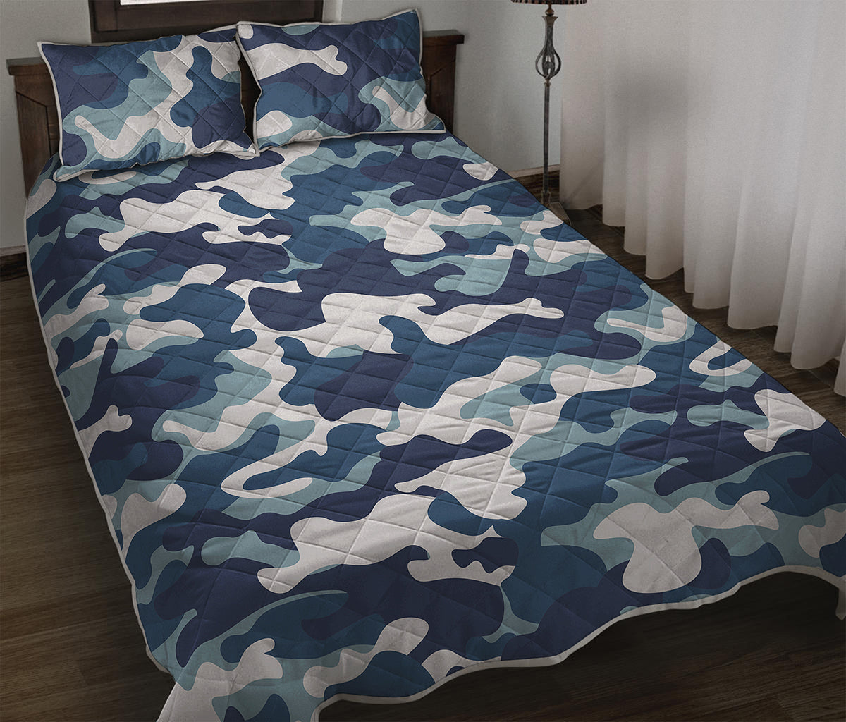 Blue And White Camouflage Print Quilt Bed Set