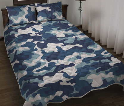 Blue And White Camouflage Print Quilt Bed Set