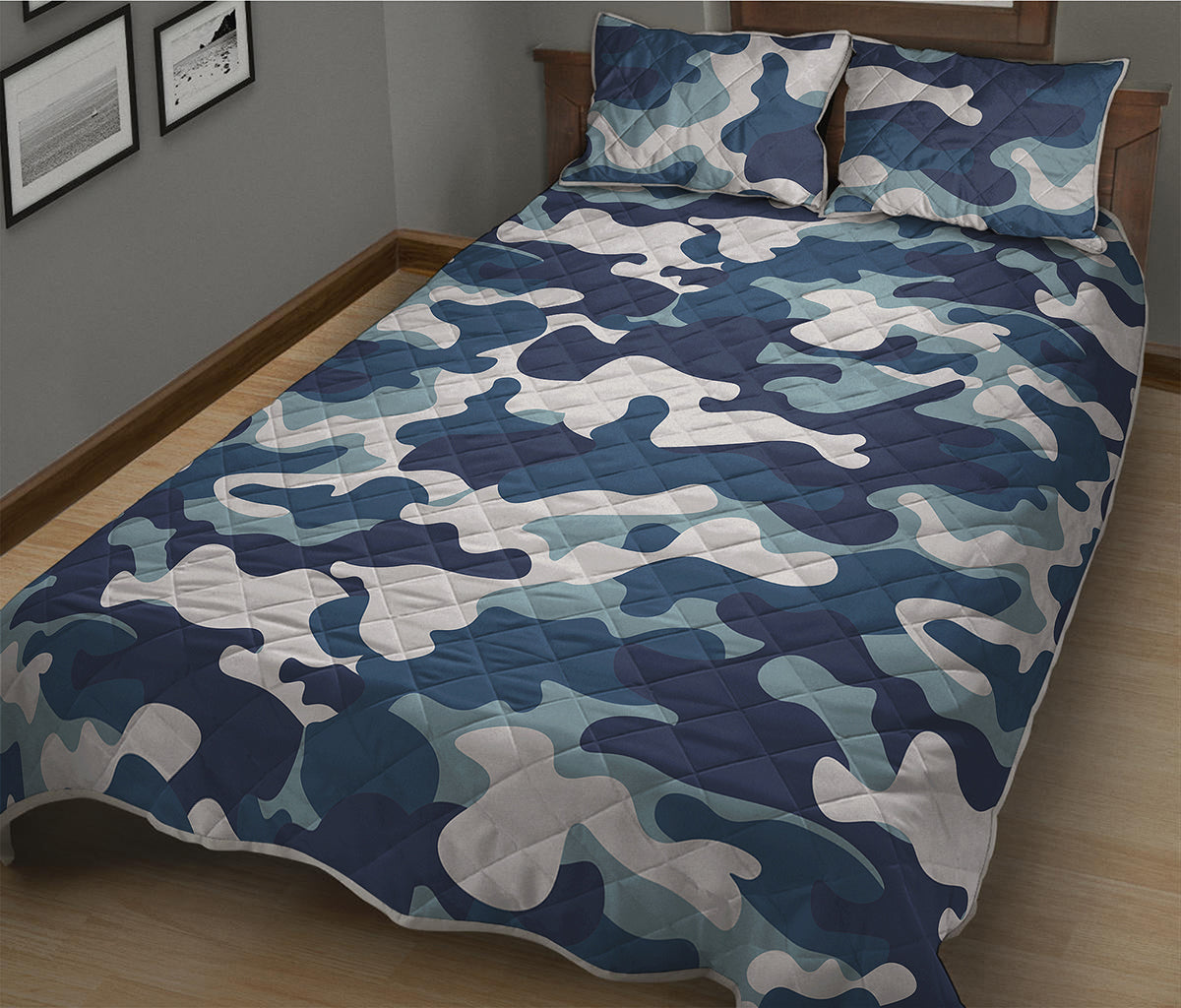 Blue And White Camouflage Print Quilt Bed Set