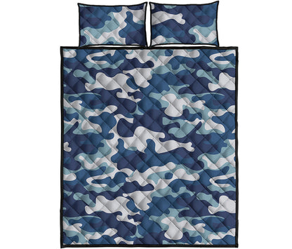 Blue And White Camouflage Print Quilt Bed Set