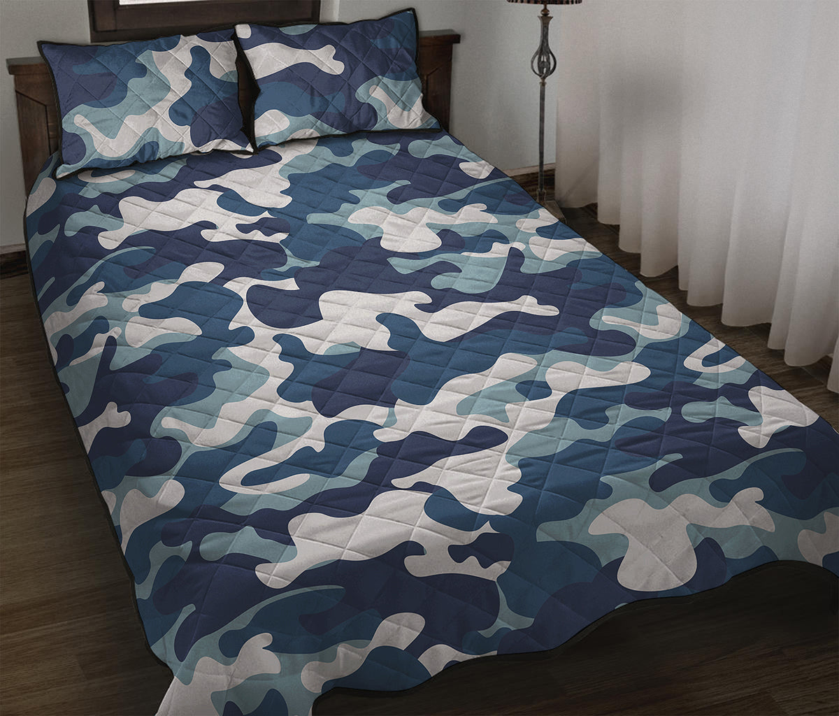 Blue And White Camouflage Print Quilt Bed Set