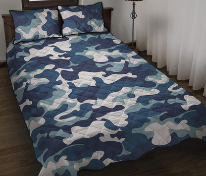 Blue And White Camouflage Print Quilt Bed Set