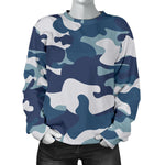 Blue And White Camouflage Print Women's Crewneck Sweatshirt GearFrost