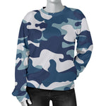 Blue And White Camouflage Print Women's Crewneck Sweatshirt GearFrost
