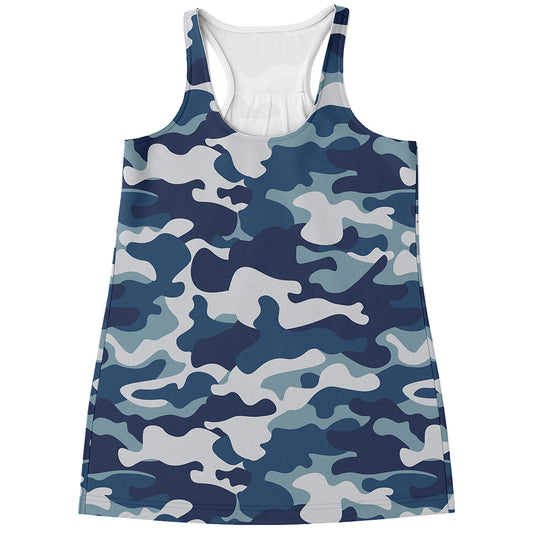 Blue And White Camouflage Print Women's Racerback Tank Top