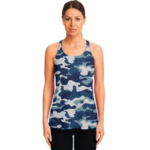 Blue And White Camouflage Print Women's Racerback Tank Top
