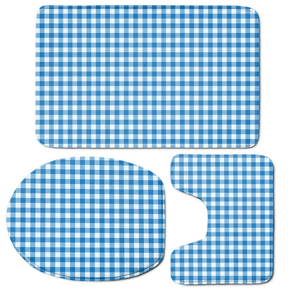 Blue And White Check Pattern Print 3 Piece Bath Mat Set