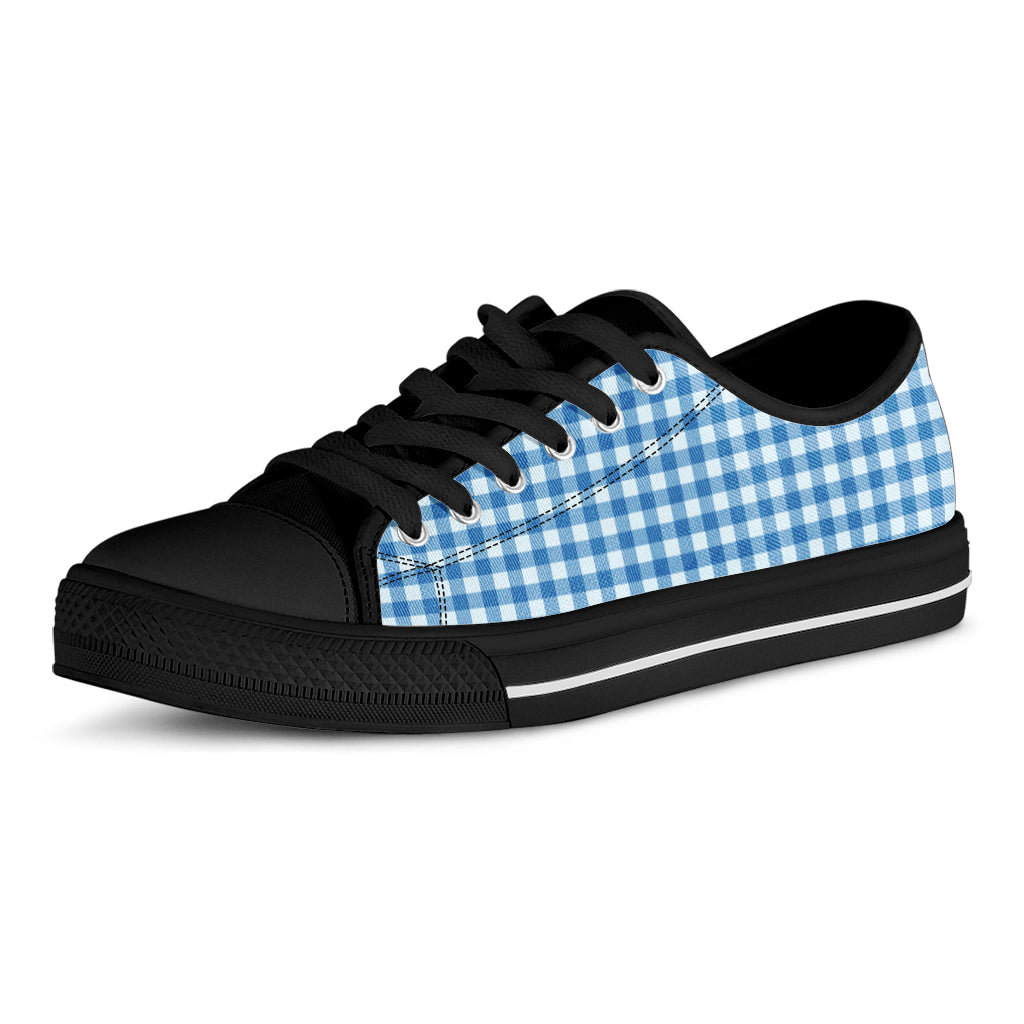 Blue And White Check Pattern Print Black Low Top Shoes