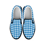 Blue And White Check Pattern Print Black Slip On Shoes