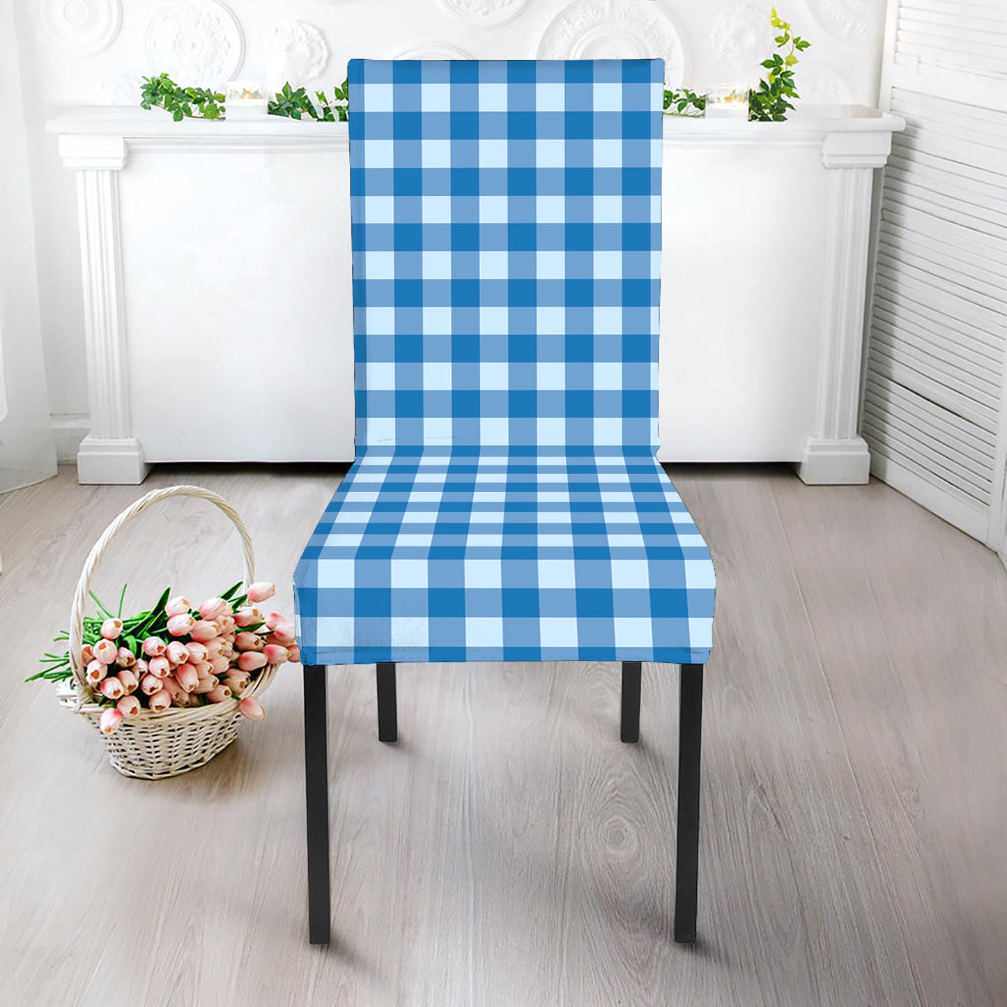 Blue And White Check Pattern Print Dining Chair Slipcover