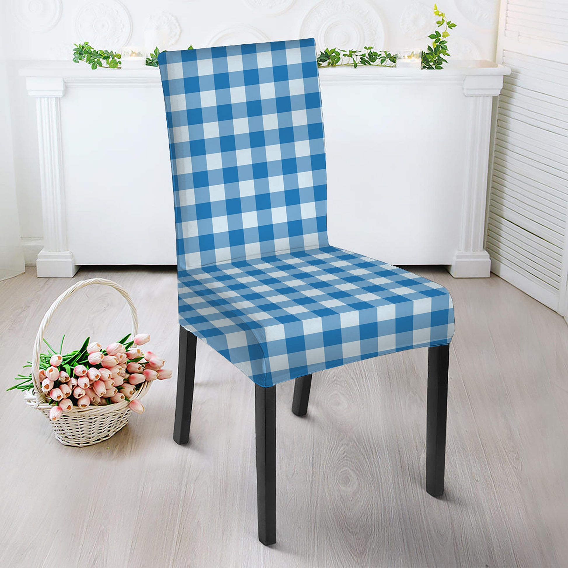 Blue And White Check Pattern Print Dining Chair Slipcover