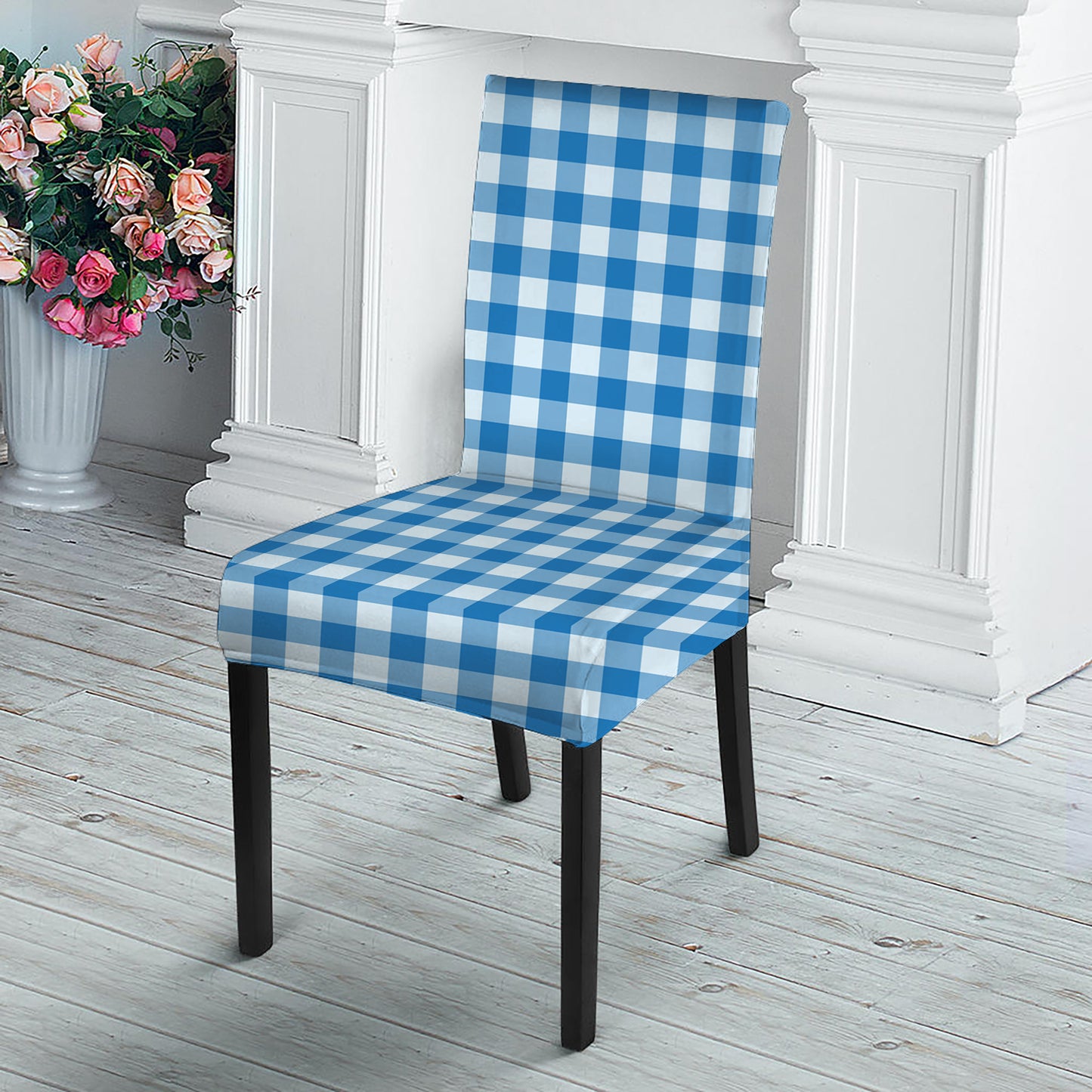 Blue And White Check Pattern Print Dining Chair Slipcover
