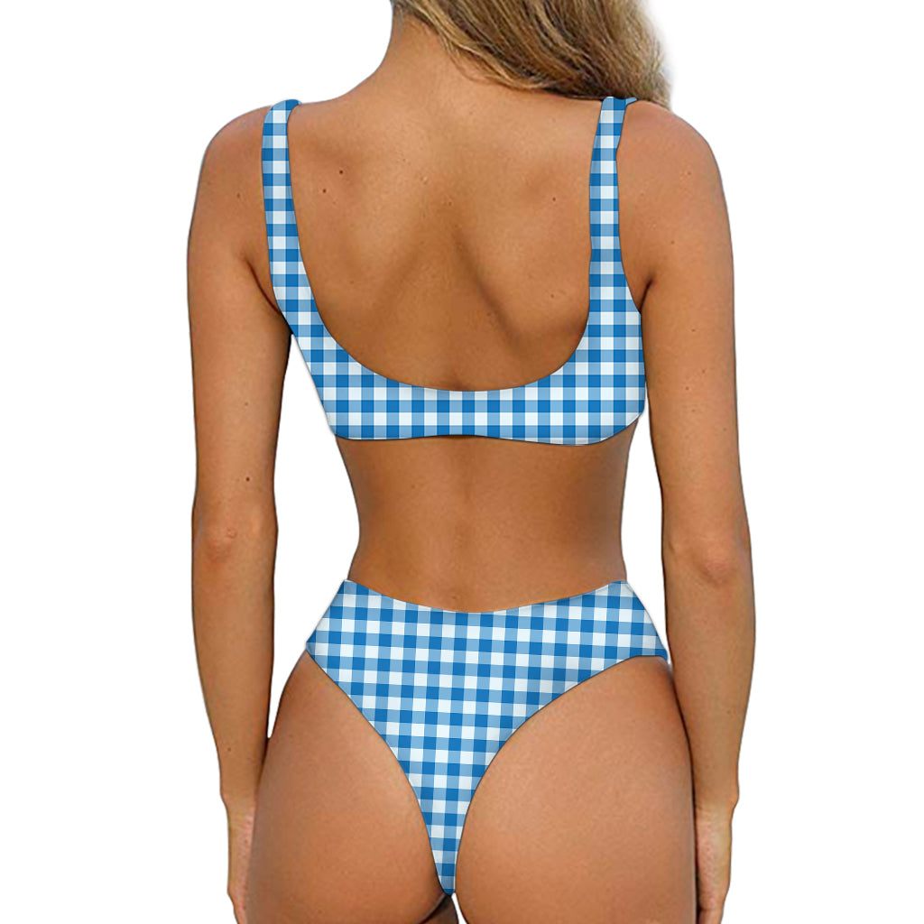 Blue And White Check Pattern Print Front Bow Tie Bikini