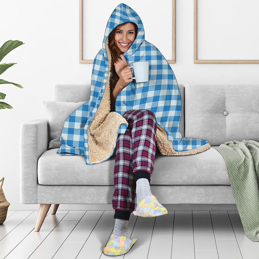 Blue And White Check Pattern Print Hooded Blanket