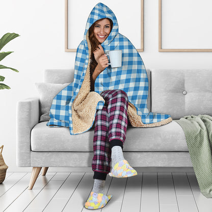 Blue And White Check Pattern Print Hooded Blanket